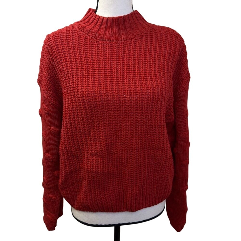 Jessica Simpson Bobble Sleeve Sweater Womens Size M Red Mock Neck Chunky Knit